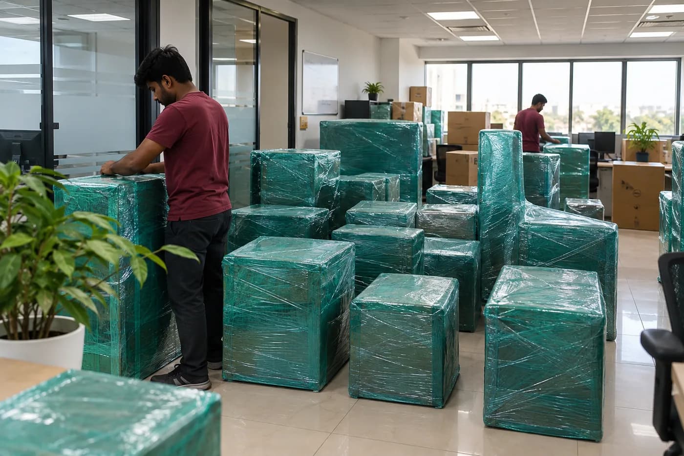 Office furniture stretch-wrapped and packed for relocation by Agarwal Packers and Movers in Dehradun